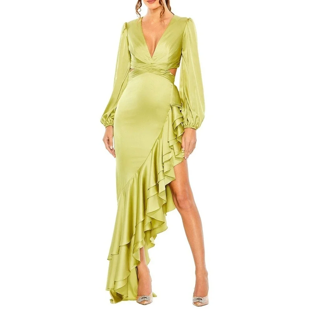 MAC DUGGAL Size 0 Pistachio Green Satin‎ Long Sleeve Maxi Ruffle Dress Gown NWT